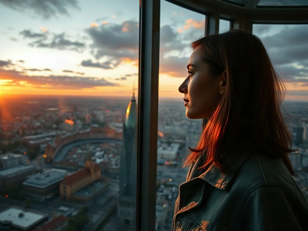 Kobieta podziwiająca panoramę Wrocławia o zachodzie słońca z tarasu widokowego w Sky Tower.