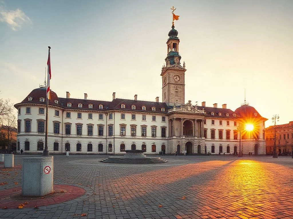Zamek Królewski w Warszawie o zachodzie słońca. Historyczna architektura z wieżą zegarową na tle pastelowego nieba.