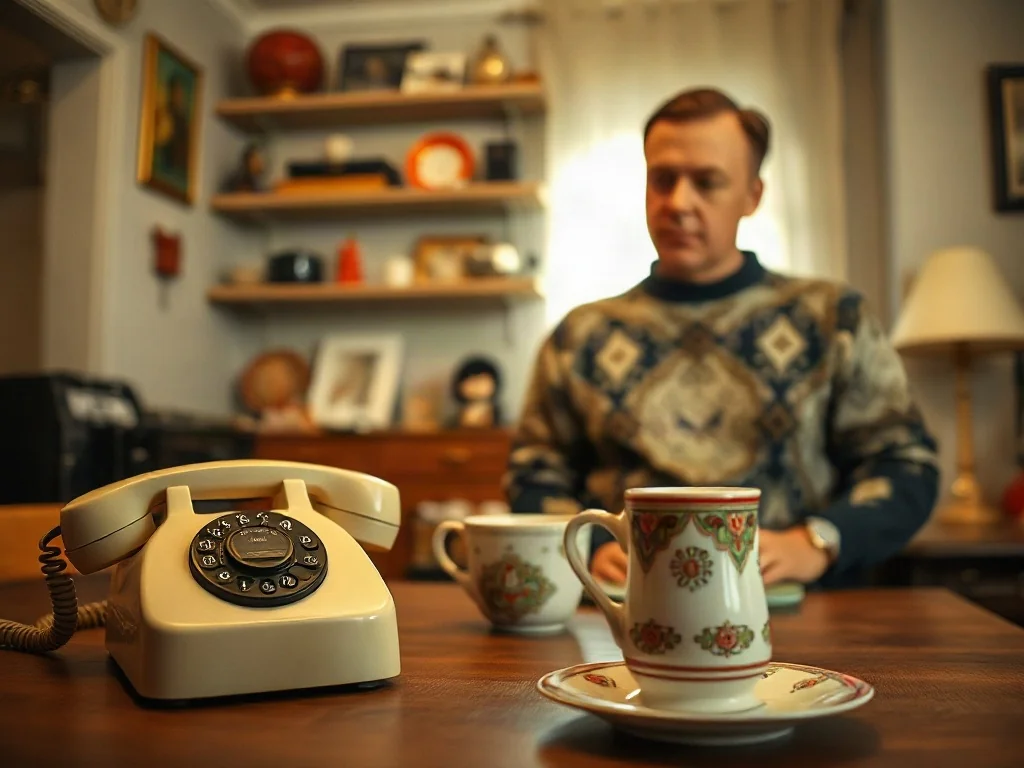 Wnętrze mieszkania z lat 70. z telefonem tarczowym i serwisem kawowym, oddające klimat wystawy w Muzeum Życia w PRL.