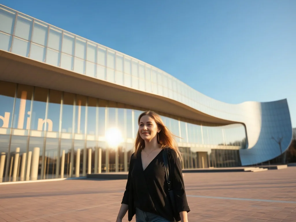 Nowoczesna, falista fasada Muzeum POLIN w słoneczny dzień z przechodzącą przed budynkiem kobietą.