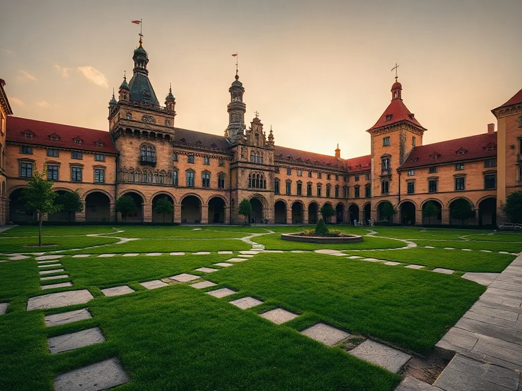 Zamek Królewski na Wawelu w Krakowie o zachodzie słońca, prezentujący majestatyczną architekturę i dziedziniec.