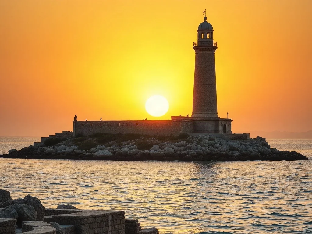Majestatyczna latarnia morska na Faros w promieniach zachodzącego słońca, otoczona ruinami i spokojnym morzem.