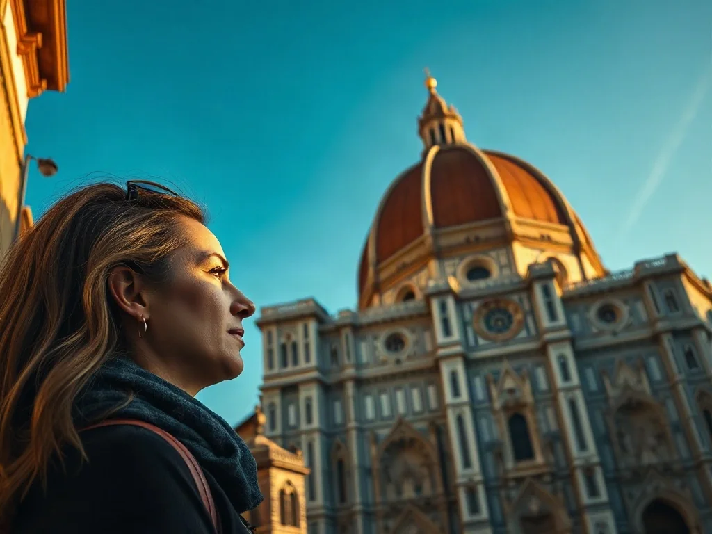 Turystka podziwiająca marmurową fasadę katedry Santa Maria del Fiore we Florencji w świetle zachodzącego słońca.