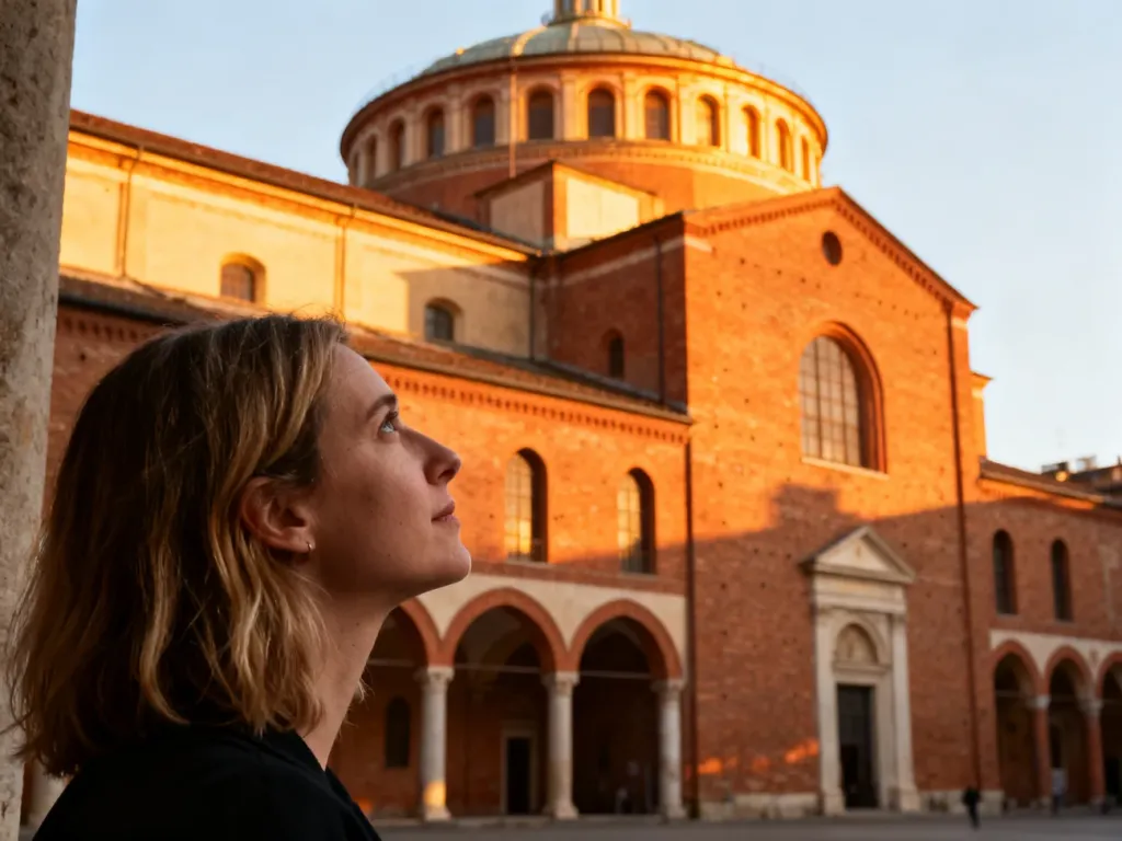 Turystka podziwiająca ceglaną fasadę i kopułę kościoła Santa Maria delle Grazie w Mediolanie w blasku zachodzącego słońca.