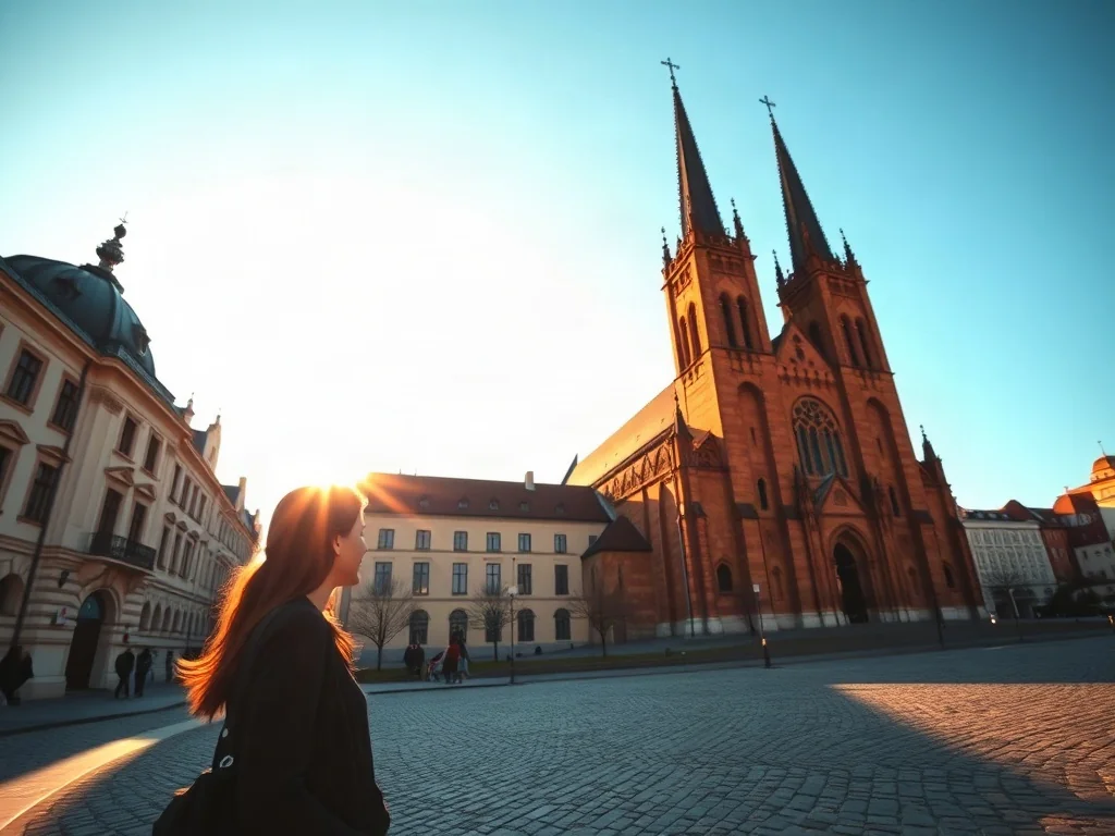 Turystka podziwiająca gotyckie wieże Kościoła Mariackiego w Krakowie o zachodzie słońca.