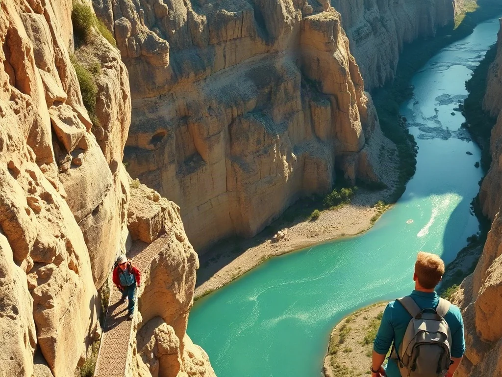 Turysta na szlaku Caminito del Rey podziwiający widok na głęboki kanion i turkusową rzekę w dole.